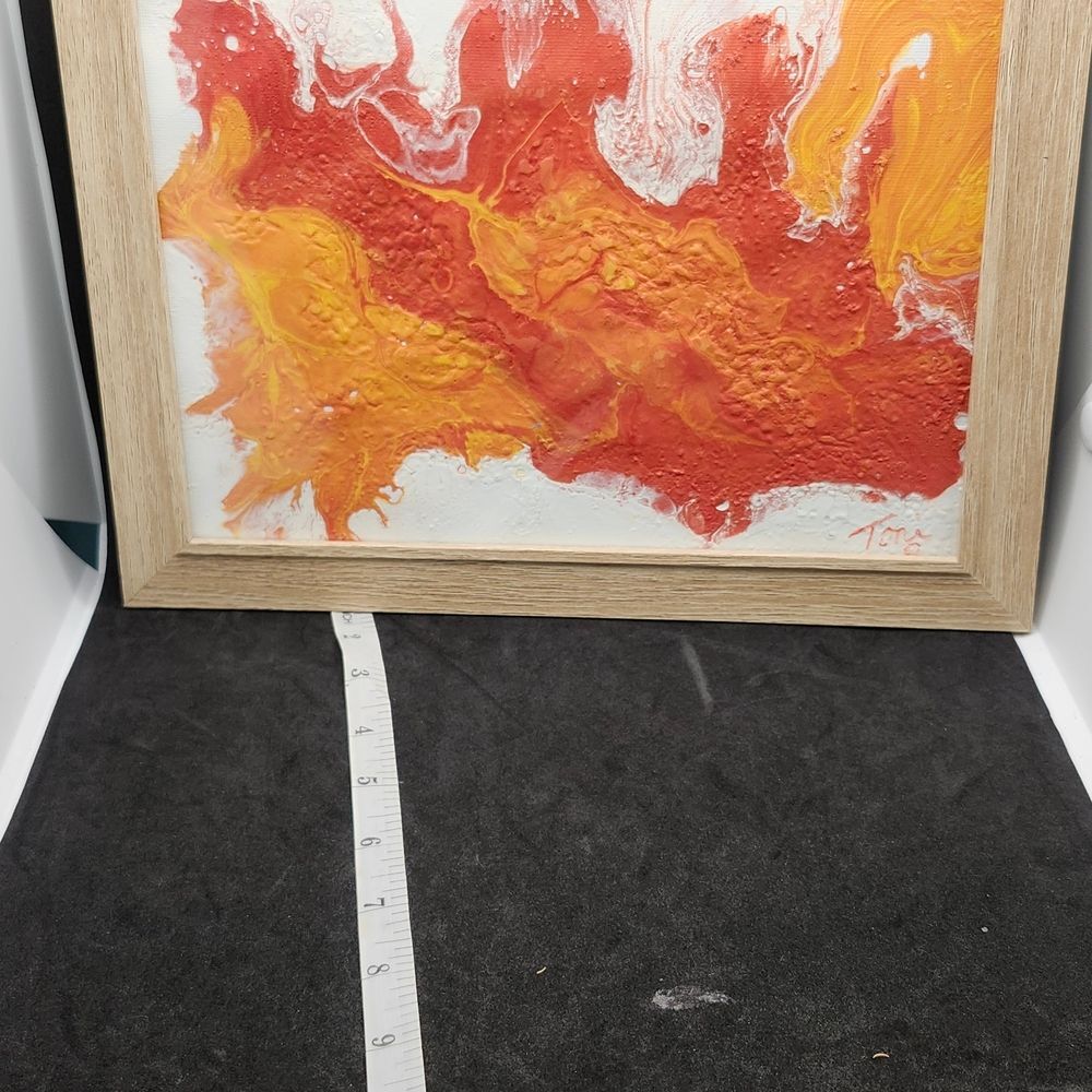 Hand Crafted Abstract Orange and Red Original Fluid Art On Canvas Wooden Frame